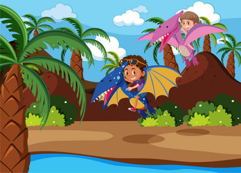 Kids riding dinosaur scene vector