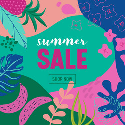 summer sale poster with tropic leaves and flowers vector