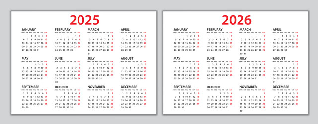 Calendar 2025 template set on red background Vector Image