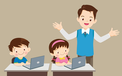 teacher presenting computer learning and students vector