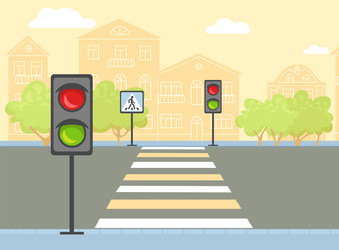 Crosswalk with road sign and traffic lights empty vector