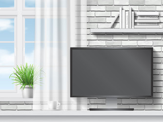 work table with computer on white brick background vector image