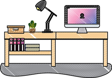 grated office desk with computer and lamp vector