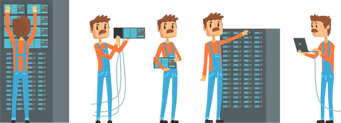 Network engineer working in data center set vector