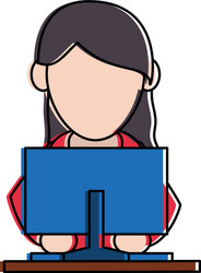 Woman using computer icon image frontview vector