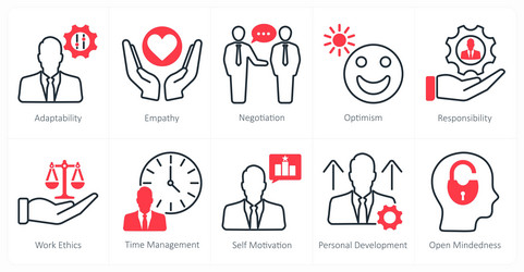 a set of 10 soft skills icons as adaptability vector image