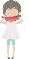 Cute cartoon little girl eating watermelon vector