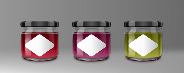 Small and smaller glass jam jars with black lids vector