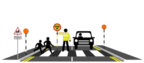 School children crossing road on crosswalk. Zebra crossing. Look right,  look left safety rule. Flat vector illustration template. Stock Vector