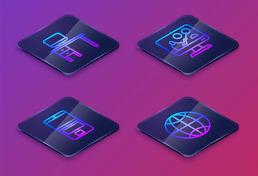 set isometric line computer monitor and desk vector image