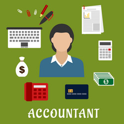 Accountant profession and objects flat icons vector