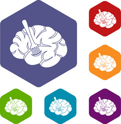 fork is inserted into the brain icons set hexagon vector image