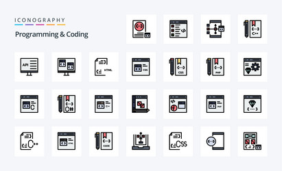 25 programming and coding line filled style icon vector