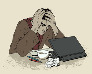 man in despair sitting at a computer headache vector