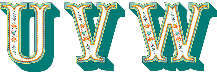 folk alphabet ornamental floral letter u v w Vector Image