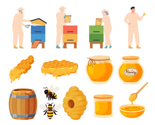 Set of objects related to honey apiary production vector