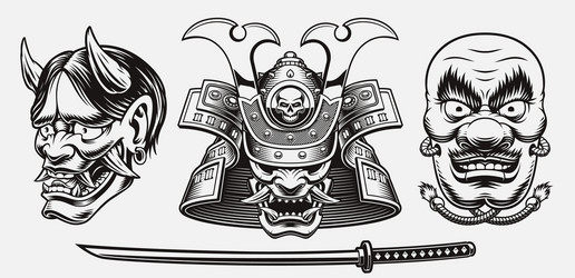 Samurai Masks & Swords Vector Image