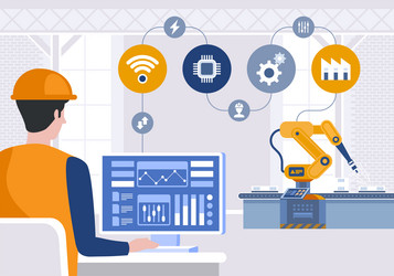 engineer using computer to control robotic arm vector image