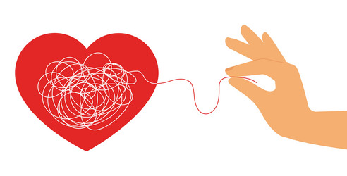 female hand pulling a string from scribbled heart