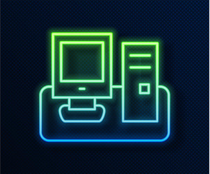 Glowing neon line computer monitor with keyboard vector