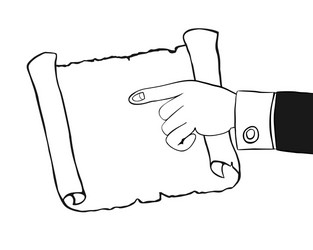 Human hand indicates to an empty parchment scroll vector