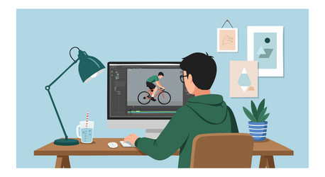 man designing bicycle animation on computer vector image
