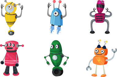 funny robots with metallic body and limbs moving vector