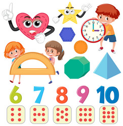 Math classroom objects with supplies and students vector