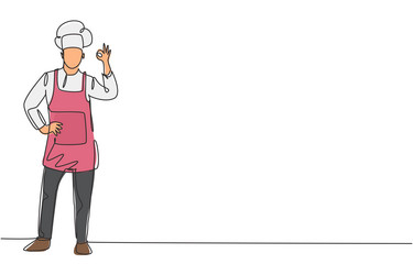 Single one line drawing female chef stands with Vector Image