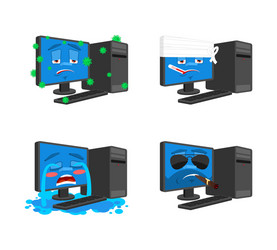 Computer emoji set pc sick and sad bandaged vector