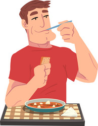 young man eating delicious stewed meal cheerful vector