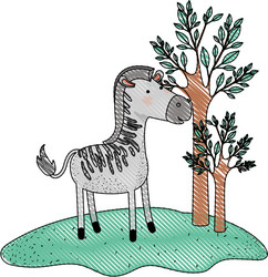 Zebra cartoon in forest next to the trees vector