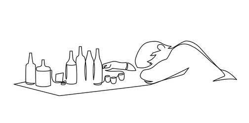 drunk man sleeping on table full empty alcohol vector