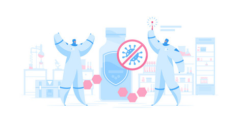 happy research scientists discovered medicine vector