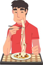 Man eating delicious pasta cheerful guy sitting vector