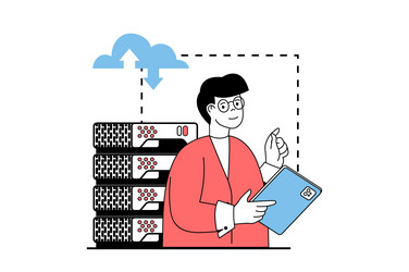 Cloud computing concept with people scene in flat vector