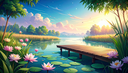 serene sunrise lake with wooden pier and pink Vector Image
