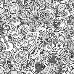 Cartoon hand-drawn picnic doodles seamless pattern vector