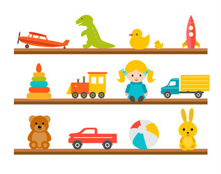 children toys on wooden shelves icons set vector