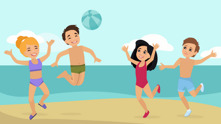 Happy children in bathing suits jump and play vector