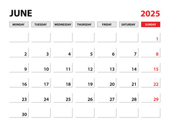 June 2025 year planner template calendar Vector Image