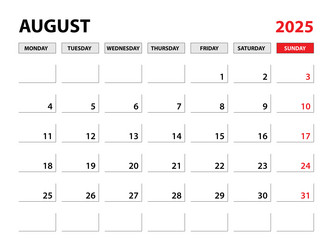 august 2025 year planner template calendar vector