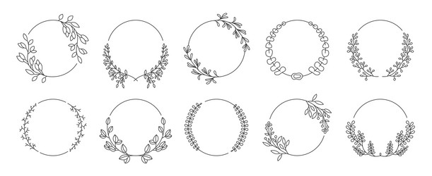 Floral Laurel Circle Frames - Line Sketch vector image