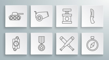 set line dynamite stick and timer clock cannon vector image