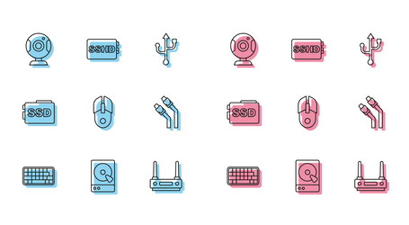 set line keyboard hard disk drive hdd web camera vector image