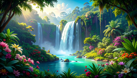 lush tropical waterfall paradise with vibrant Vector Image