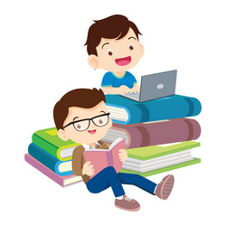 kids studying with laptop on stacks of books vector