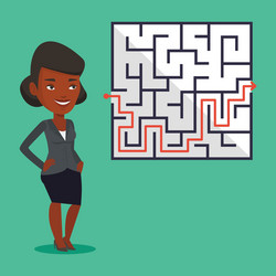 business woman looking at labyrinth with solution vector