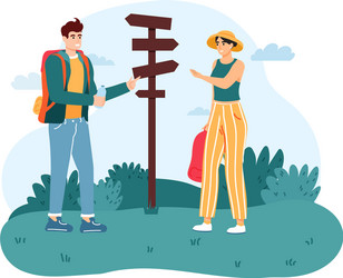 Woman and man hiker standing near direction sign vector