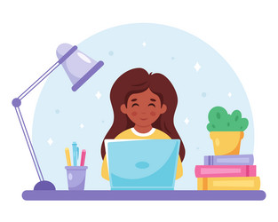 Black girl studying with computer online learning vector